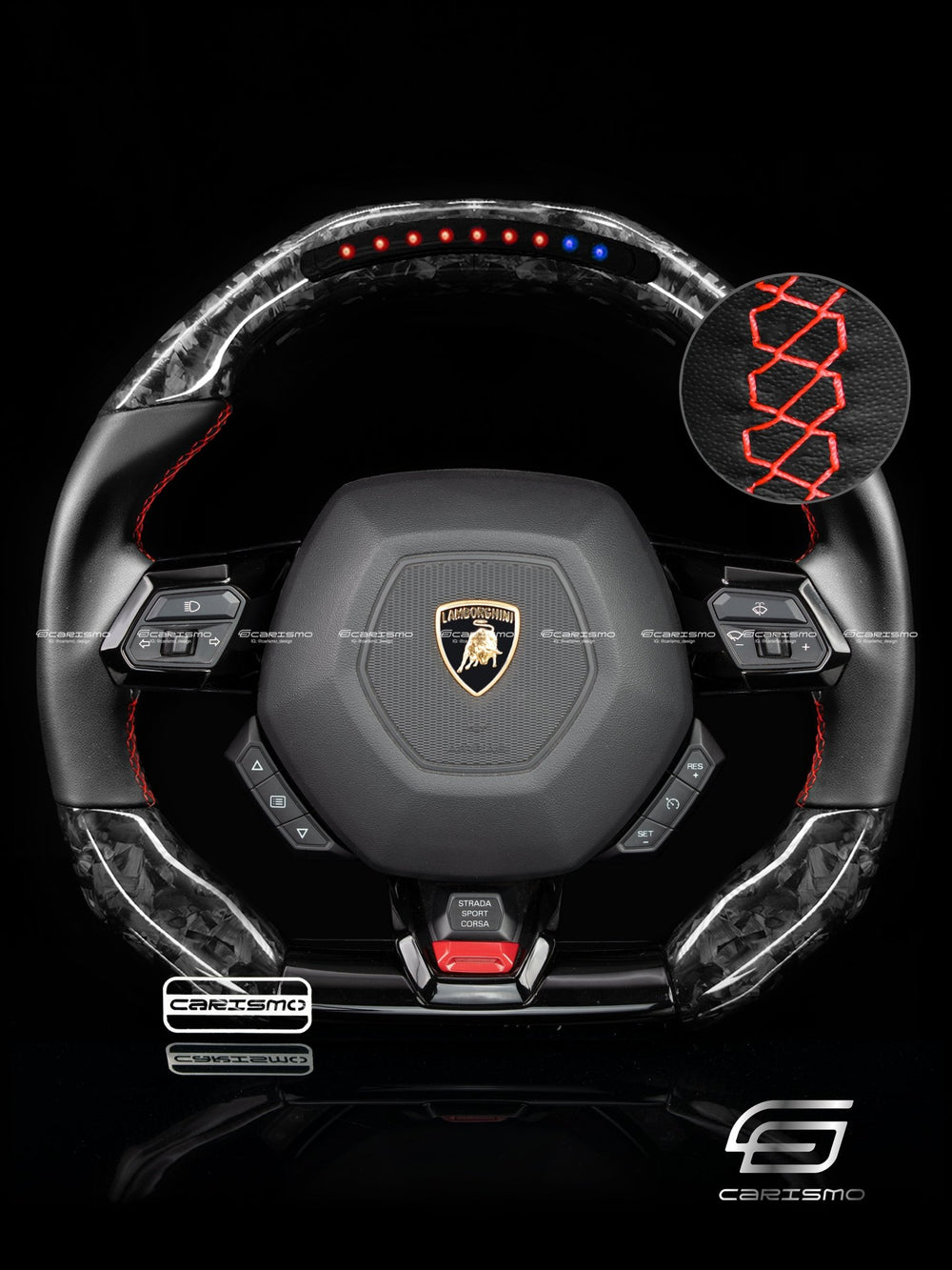 Carismo Steering Wheel For Lamborghini Huracan - Sequential RPM LED - Gloss Forged Carbon - Smooth Leather - Red