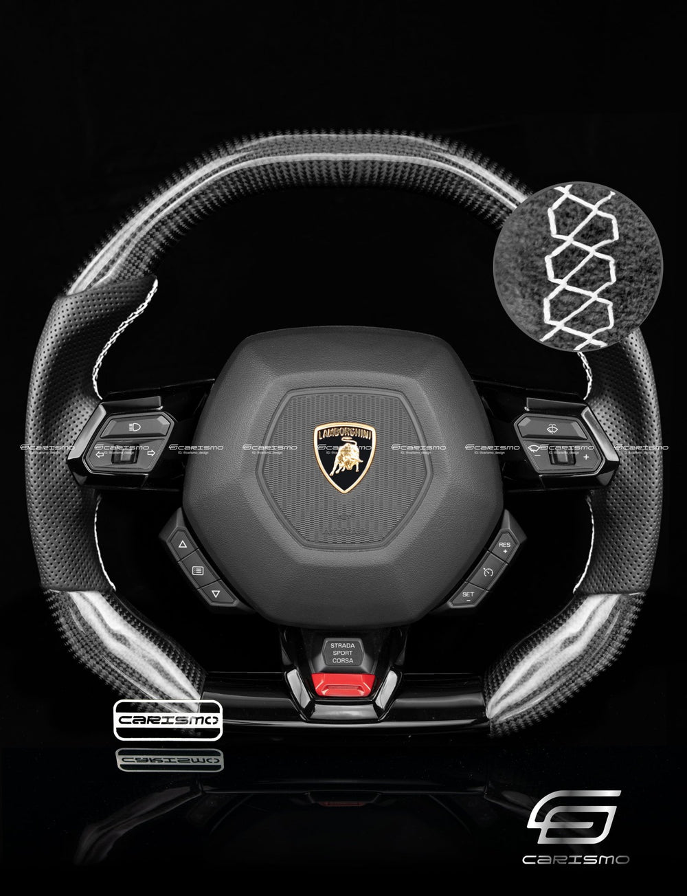 Carismo Steering Wheel For Lamborghini Huracan - Signature - Gloss Carbon - Perforated Leather - White