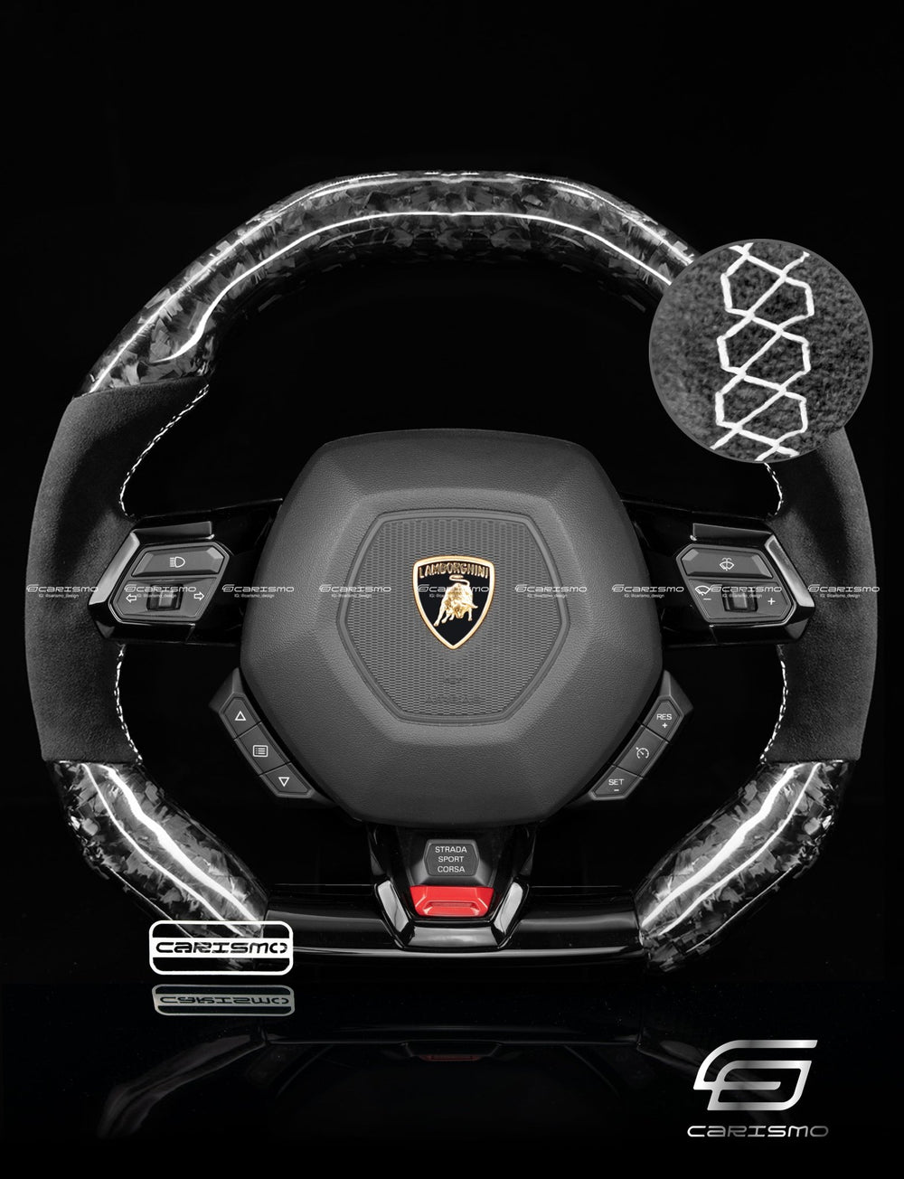 Carismo Steering Wheel For Lamborghini Huracan - Signature - Gloss Forged Carbon - Alcantara - White (No Stripe)