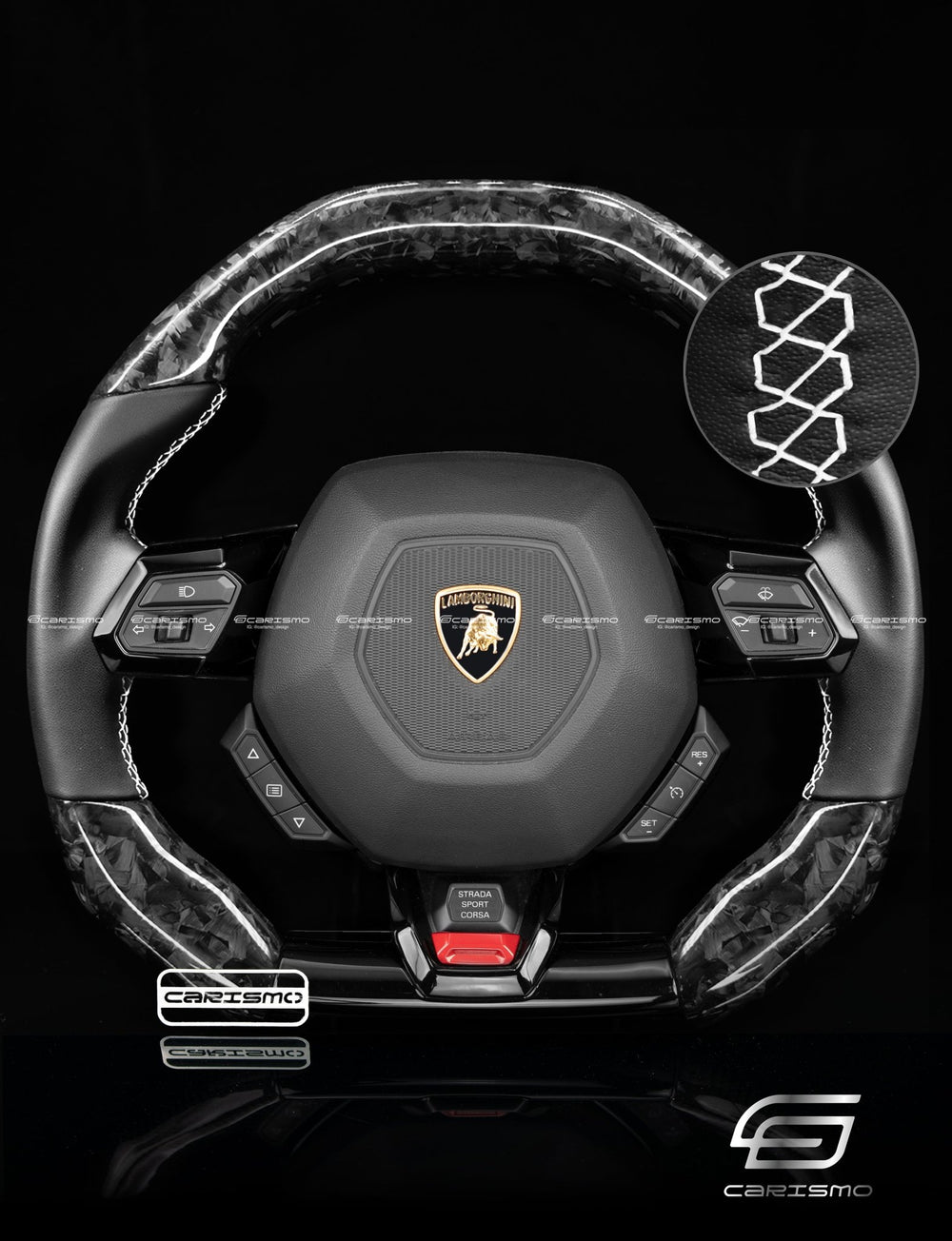 Carismo Steering Wheel For Lamborghini Huracan - Signature - Gloss Forged Carbon - Smooth Leather - White (No Stripe)