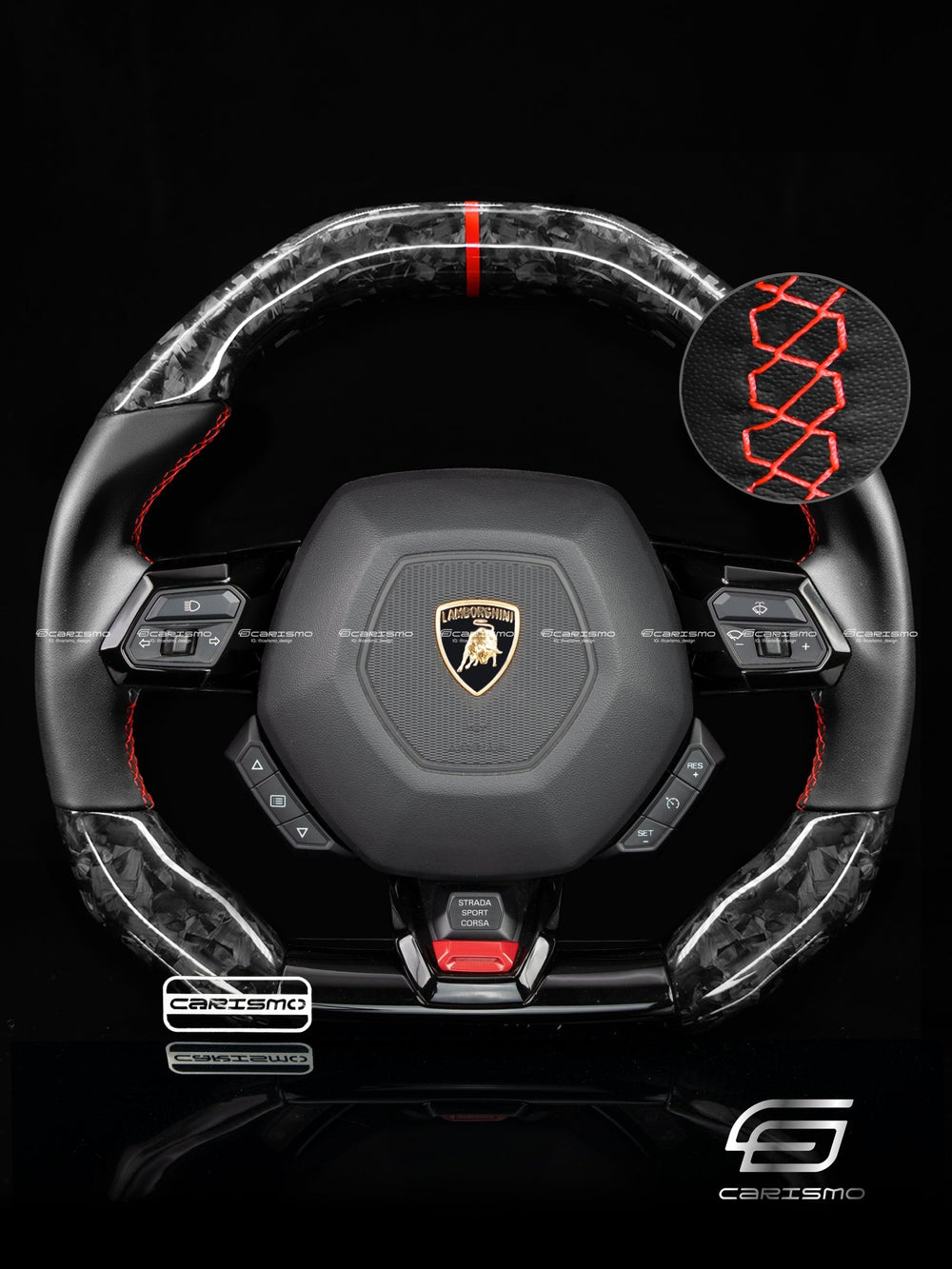 Carismo Steering Wheel For Lamborghini Huracan - Signature - Gloss Forged Carbon - Smooth Leather - Red