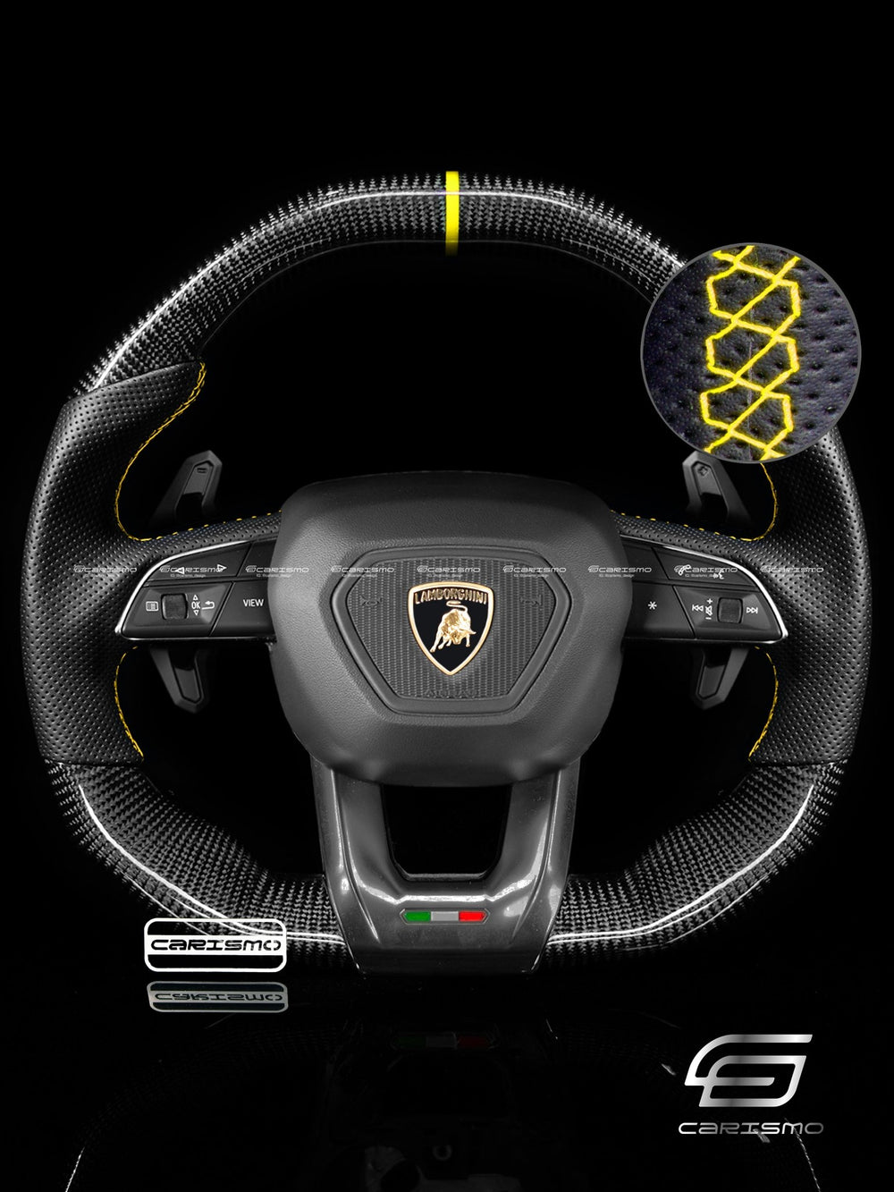 Carismo Steering Wheel For Lamborghini Urus - Signature - Gloss Carbon - Perforated Leather - Yellow