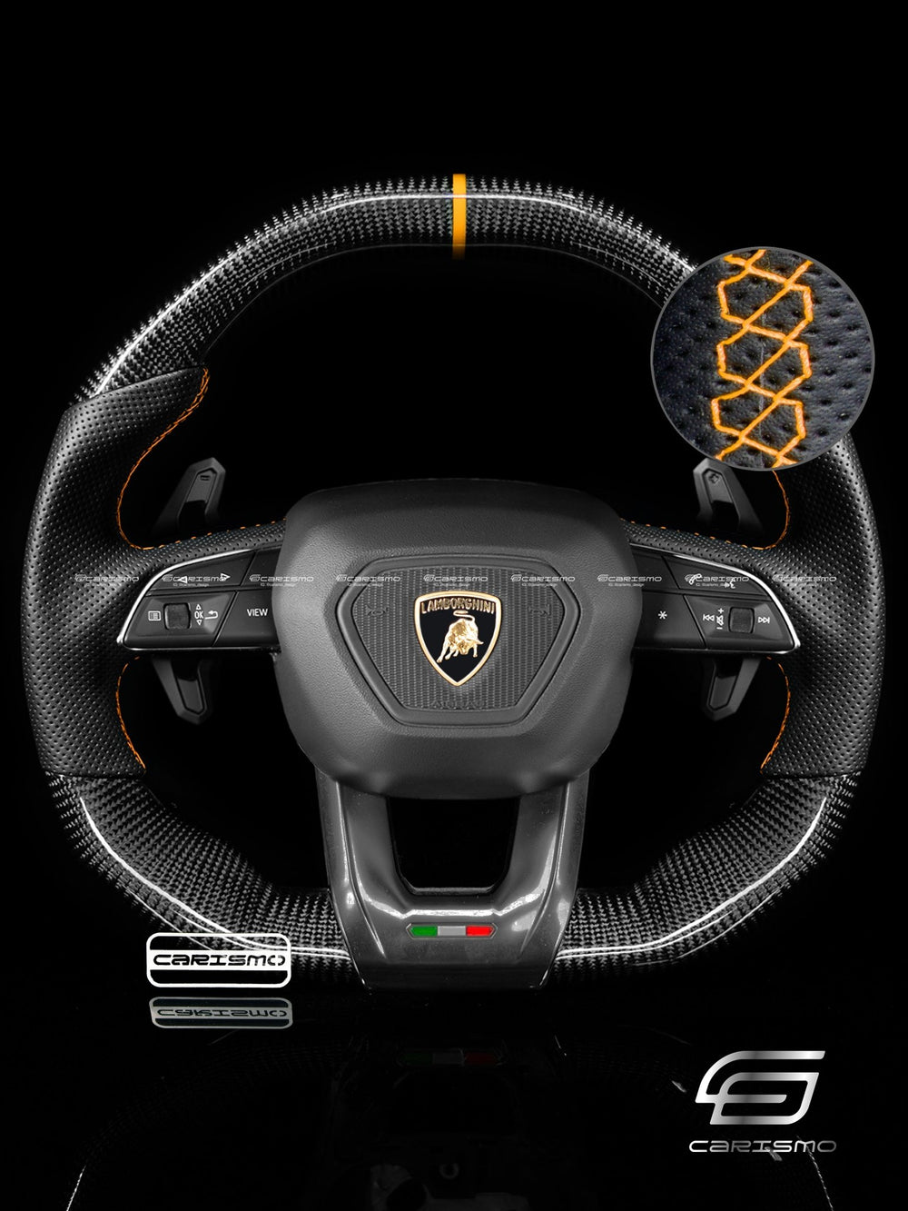 Carismo Steering Wheel For Lamborghini Urus - Signature - Gloss Carbon - Perforated Leather - Orange