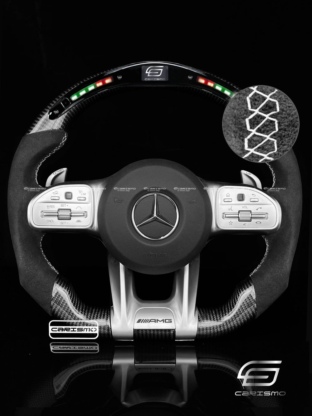 Carismo Steering Wheel For Mercedes/AMG (2020 AMG Performance Wheel) - Classic RPM LED - Gloss Carbon - Alcantara - White
