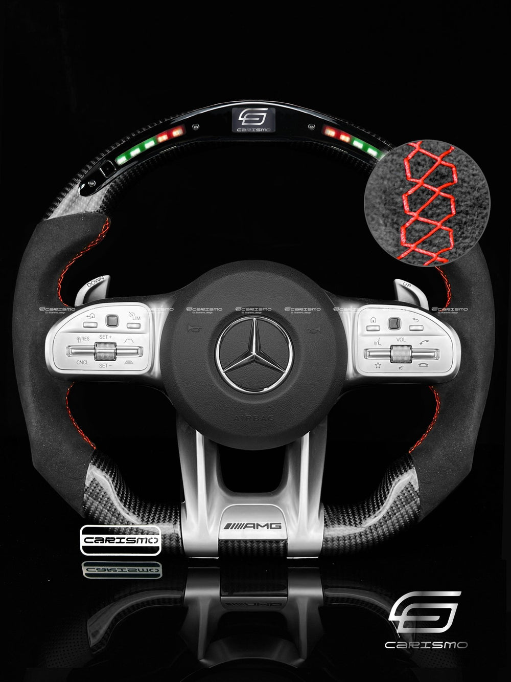 Carismo Steering Wheel For Mercedes/AMG (2020 AMG Performance Wheel) - Classic RPM LED - Gloss Carbon - Alcantara - Red