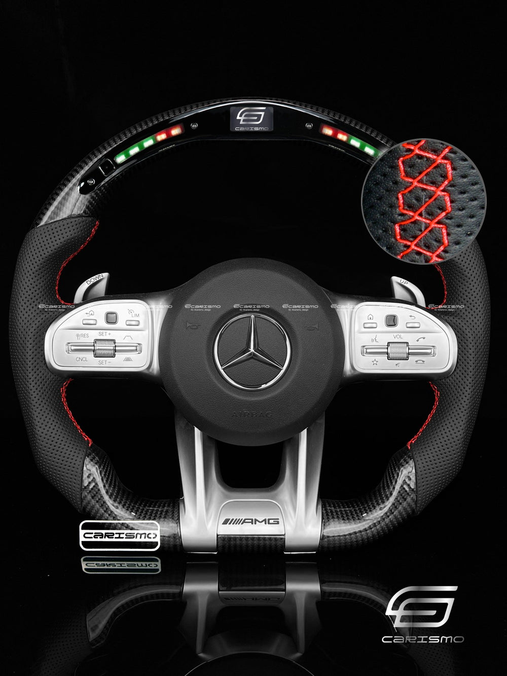 Carismo Steering Wheel For Mercedes/AMG (2020 AMG Performance Wheel) - Classic RPM LED - Gloss Carbon - Perforated Leather - Red
