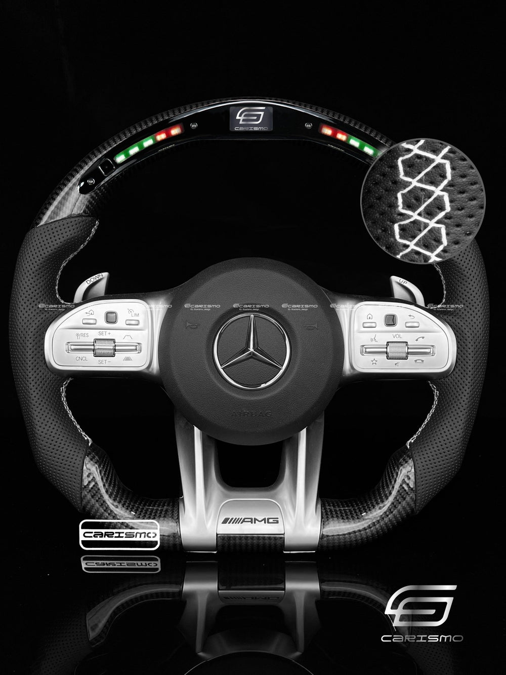 Carismo Steering Wheel For Mercedes/AMG (2020 AMG Performance Wheel) - Classic RPM LED - Gloss Carbon - Perforated Leather - White