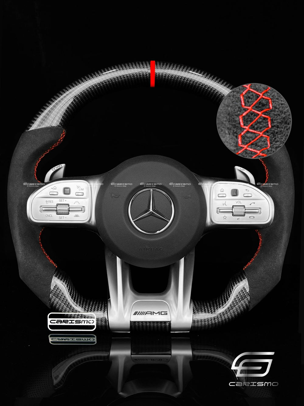 Carismo Steering Wheel For Mercedes/AMG (2020 AMG Performance Wheel) - Sport - Gloss Carbon - Alcantara - Red