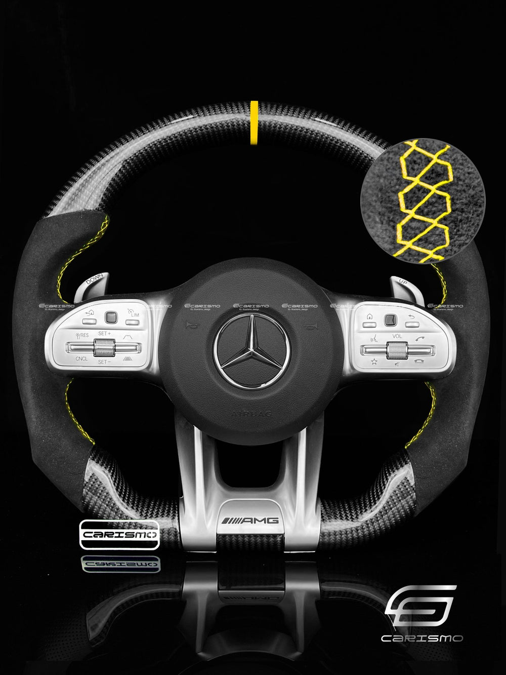 Carismo Steering Wheel For Mercedes/AMG (2020 AMG Performance Wheel) - Sport - Gloss Carbon - Alcantara - Yellow