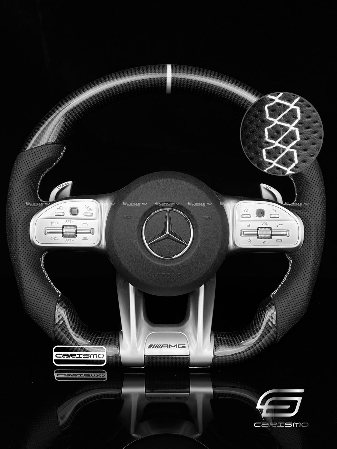 Carismo Steering Wheel For Mercedes/AMG C-Class / C 63 S (2020 Wheel with AMG Drive Unit) - Sport - Gloss Carbon - Perforated Leather - Carismo
