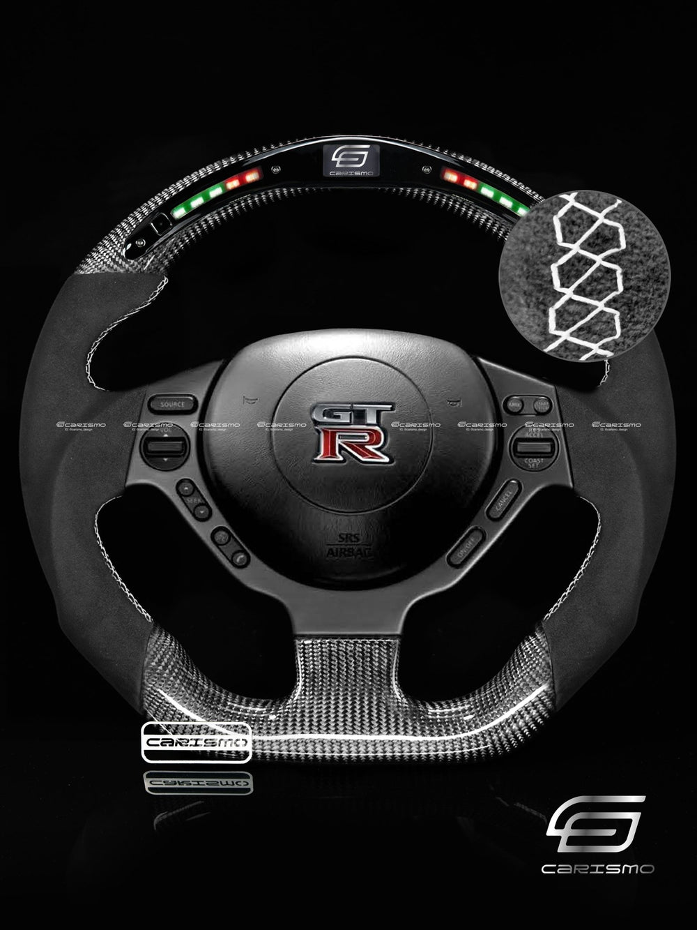 Carismo Steering Wheel For Nissan GT-R (R35 CBA & DBA) - Classic RPM LED - Gloss Carbon - Alcantara - White