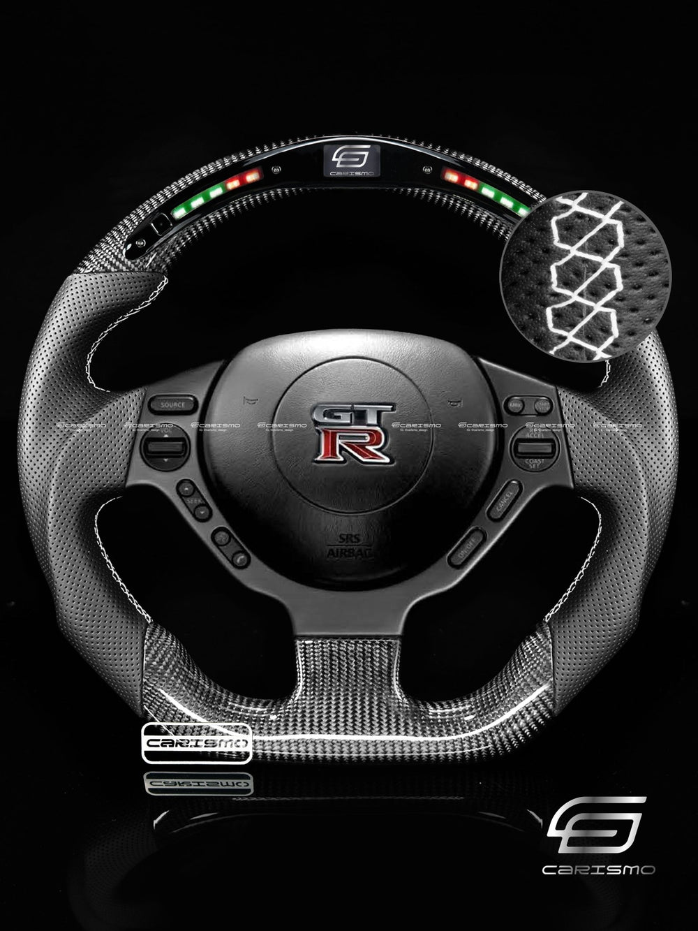 Carismo Steering Wheel For Nissan GT-R (R35 CBA & DBA) - Classic RPM LED - Gloss Carbon - Perforated Leather - White