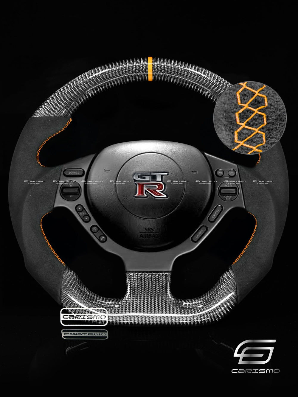 Carismo Steering Wheel For Nissan GT-R (R35 CBA & DBA) - Sport - Gloss Carbon - Alcantara - Orange