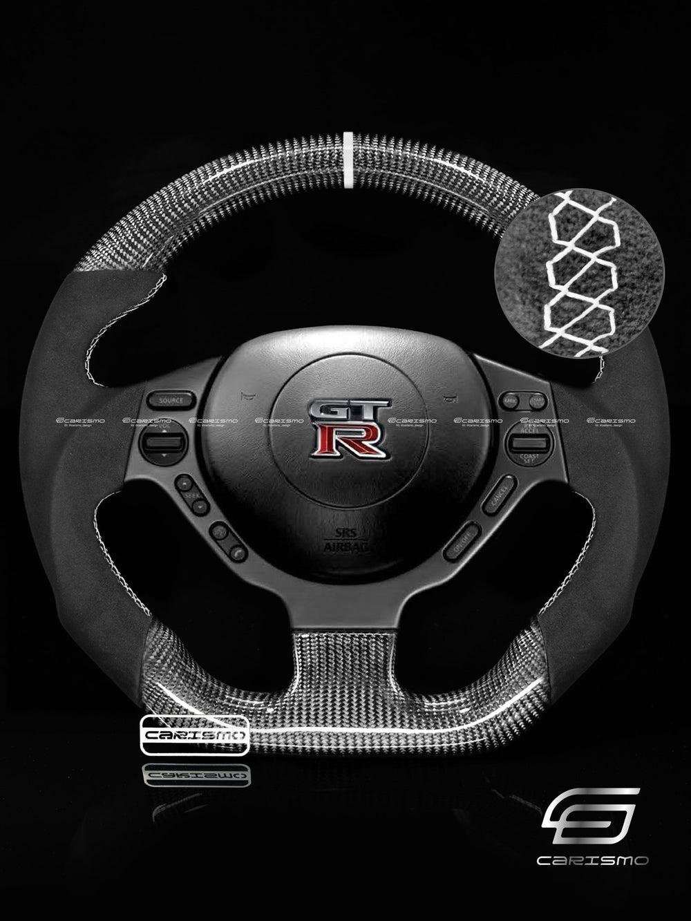 Carismo Steering Wheel For Nissan GT-R (R35 CBA & DBA) - Sport - Gloss Carbon - Alcantara - White