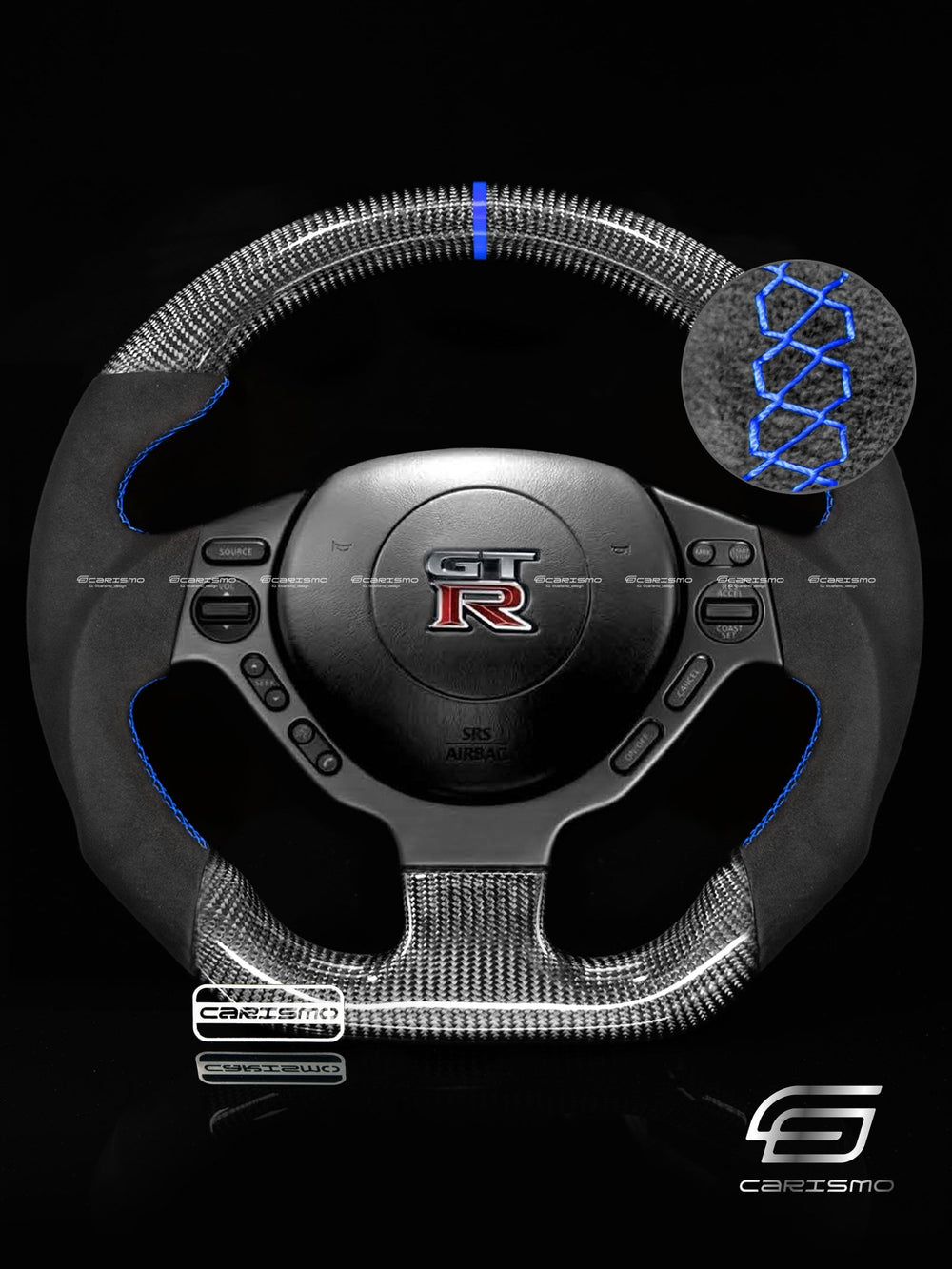 Carismo Steering Wheel For Nissan GT-R (R35 CBA & DBA) - Sport - Gloss Carbon - Alcantara - Blue