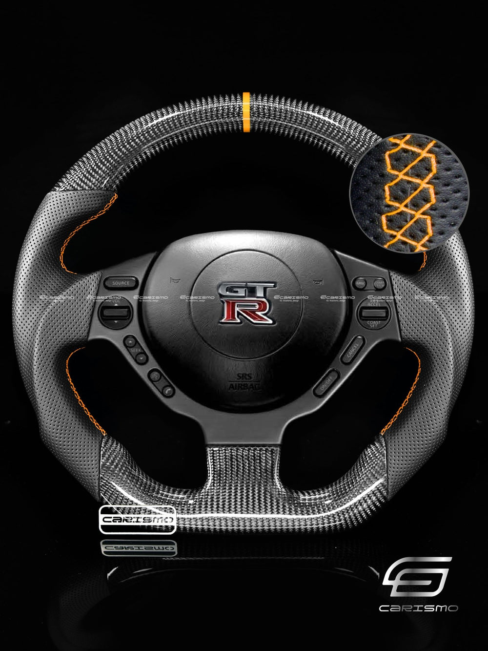 Carismo Steering Wheel For Nissan GT-R (R35 CBA & DBA) - Sport - Gloss Carbon - Perforated Leather - Orange