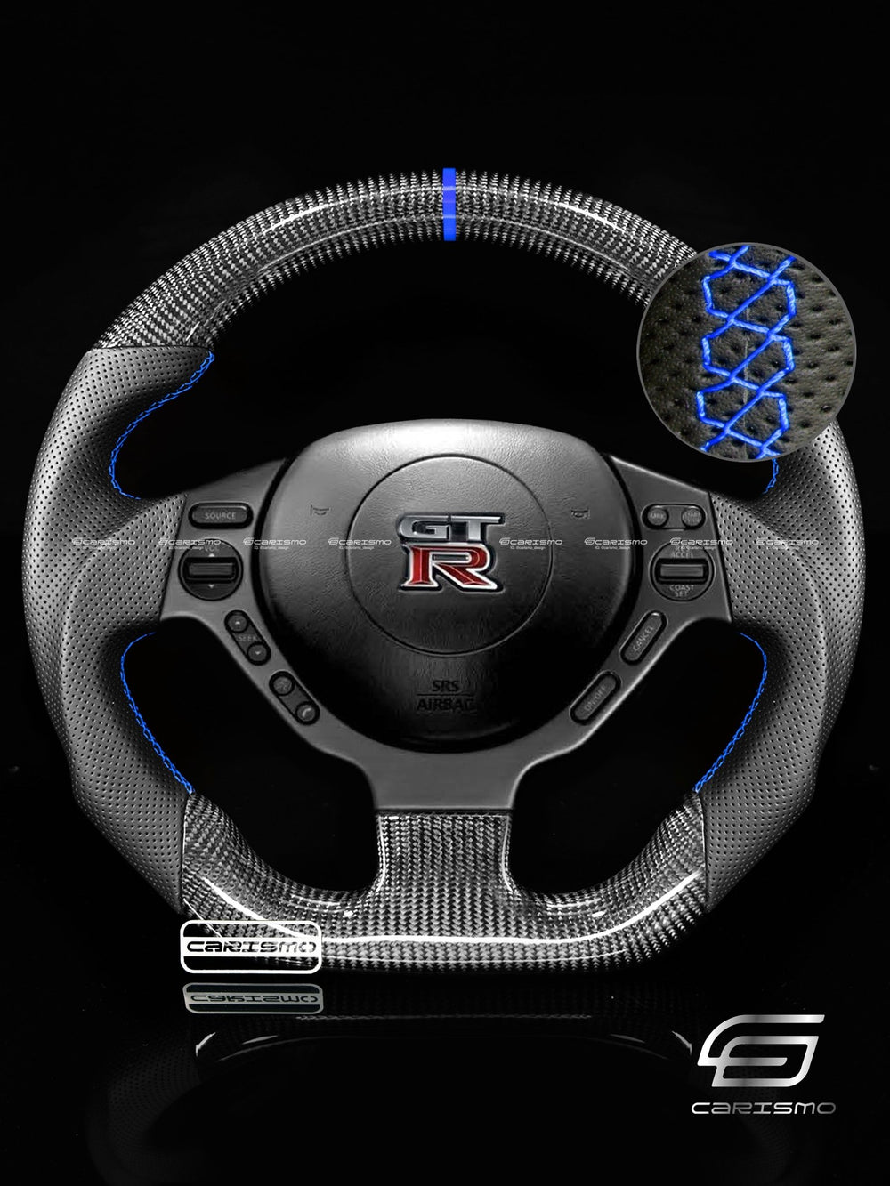 Carismo Steering Wheel For Nissan GT-R (R35 CBA & DBA) - Sport - Gloss Carbon - Perforated Leather - Blue