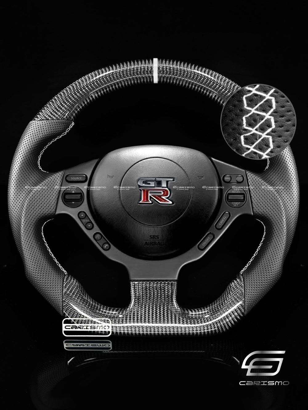 Carismo Steering Wheel For Nissan GT-R (R35 CBA & DBA) - Sport - Gloss Carbon - Perforated Leather - White