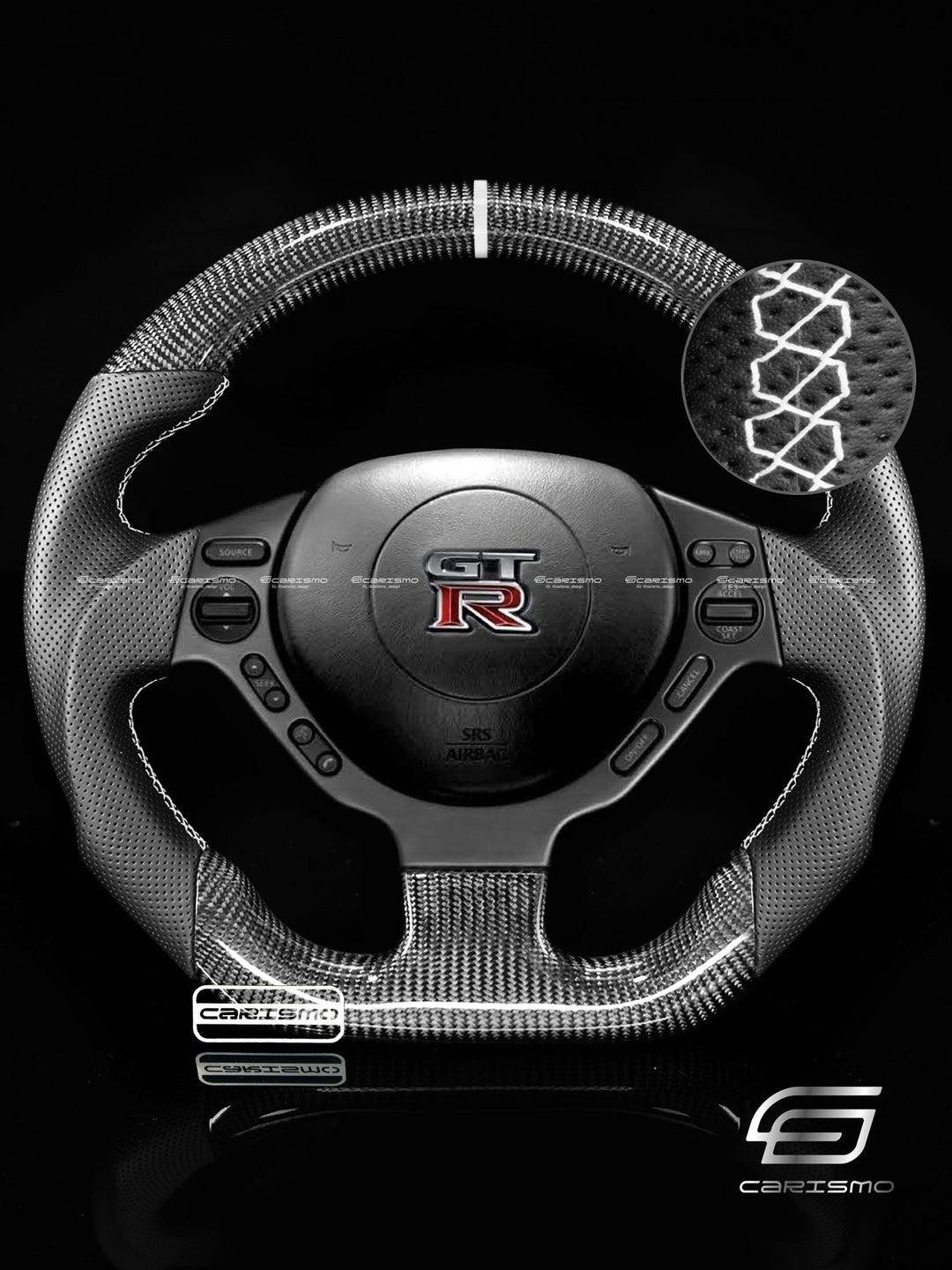 Carismo Steering Wheel For Nissan GT-R (R35 CBA & DBA) - Sport - Gloss Carbon - Perforated Leather - Carismo