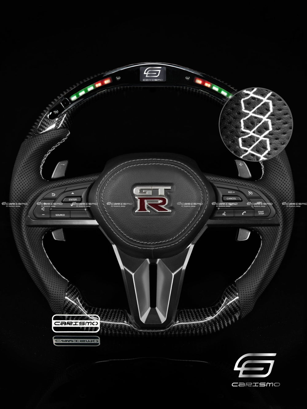 Carismo Steering Wheel For Nissan GT-R (R35 EBA) - Classic RPM LED - Gloss Carbon - Perforated Leather - White
