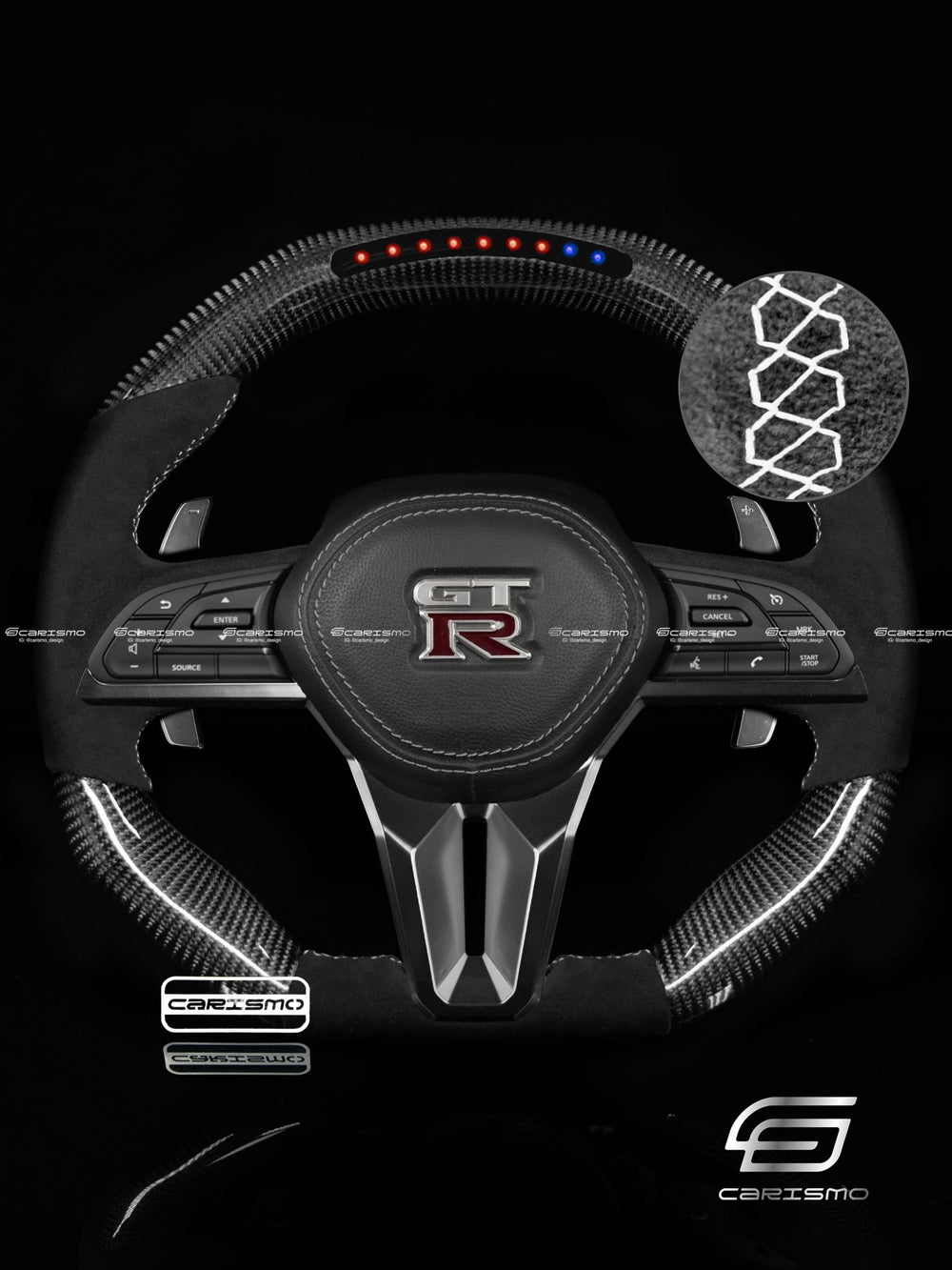 Carismo Steering Wheel For Nissan GT-R (R35 EBA) - Sequential RPM LED - Gloss Carbon - Alcantara - White