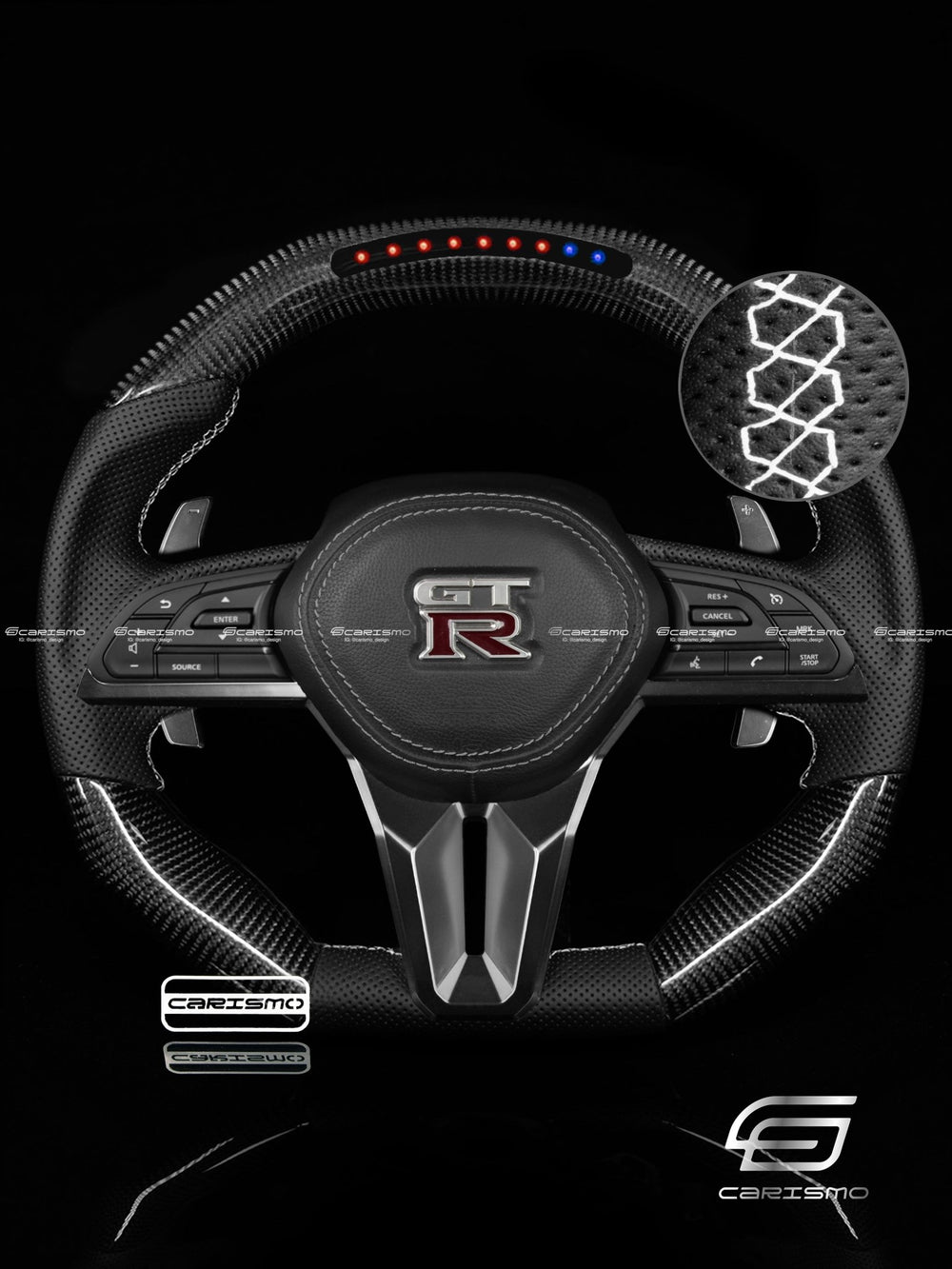 Carismo Steering Wheel For Nissan GT-R (R35 EBA) - Sequential RPM LED - Gloss Carbon - Perforated Leather - White
