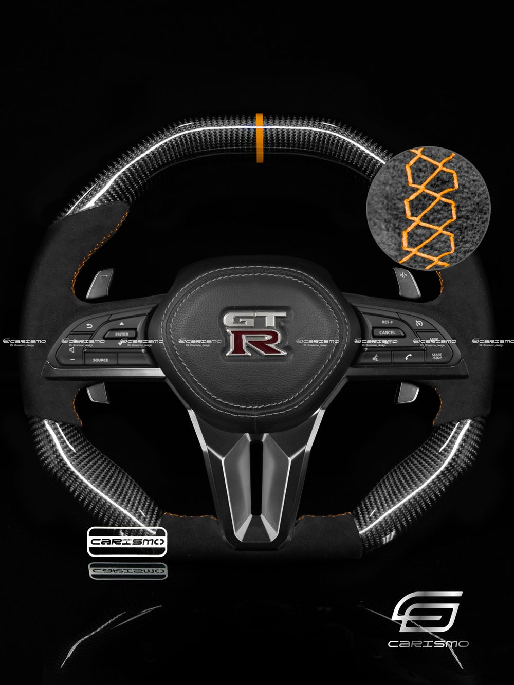Carismo Steering Wheel For Nissan GT-R (R35 EBA) - Signature - Gloss Carbon - Alcantara - Orange