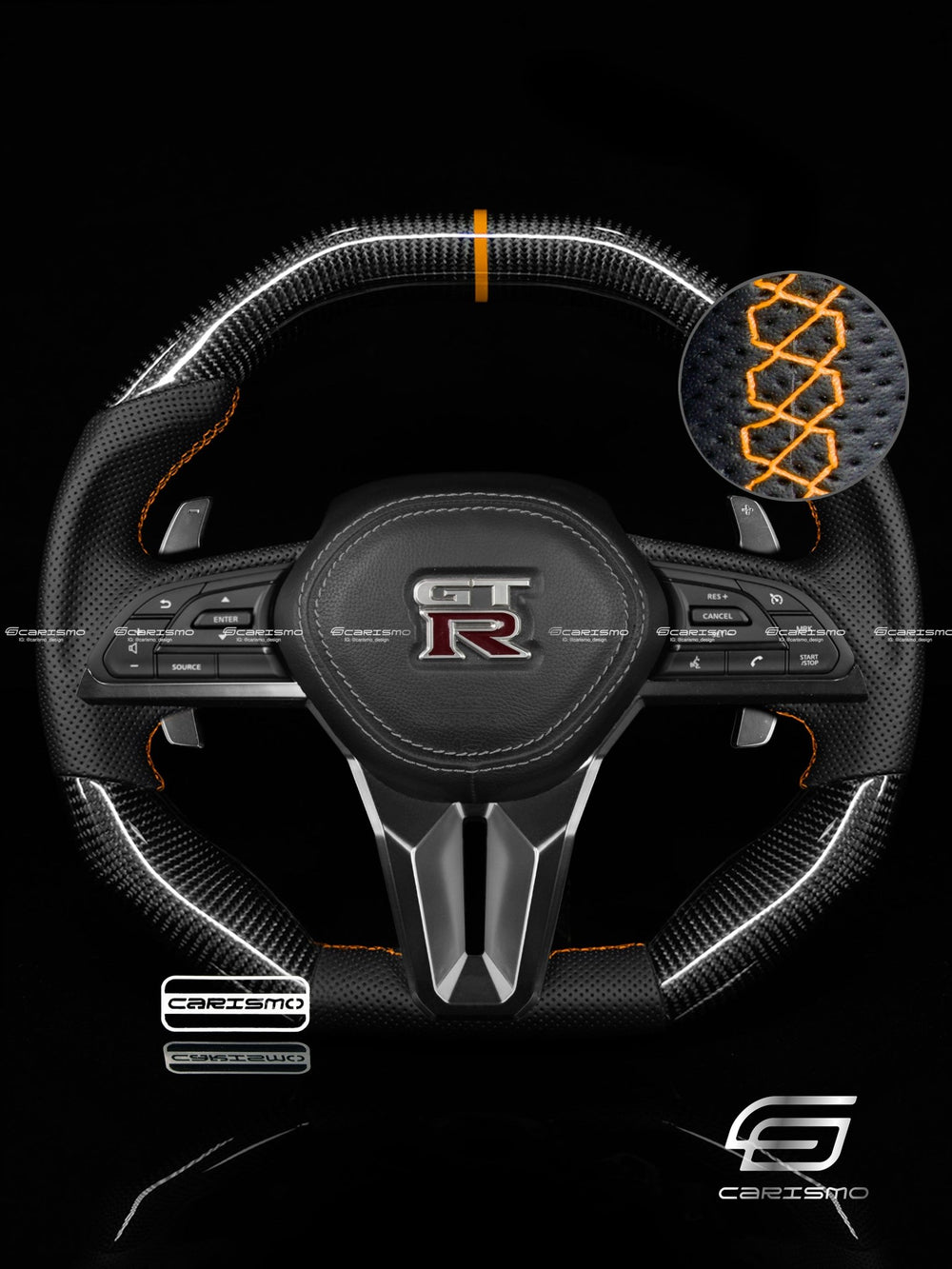 Carismo Steering Wheel For Nissan GT-R (R35 EBA) - Signature - Gloss Carbon - Perforated Leather - Orange
