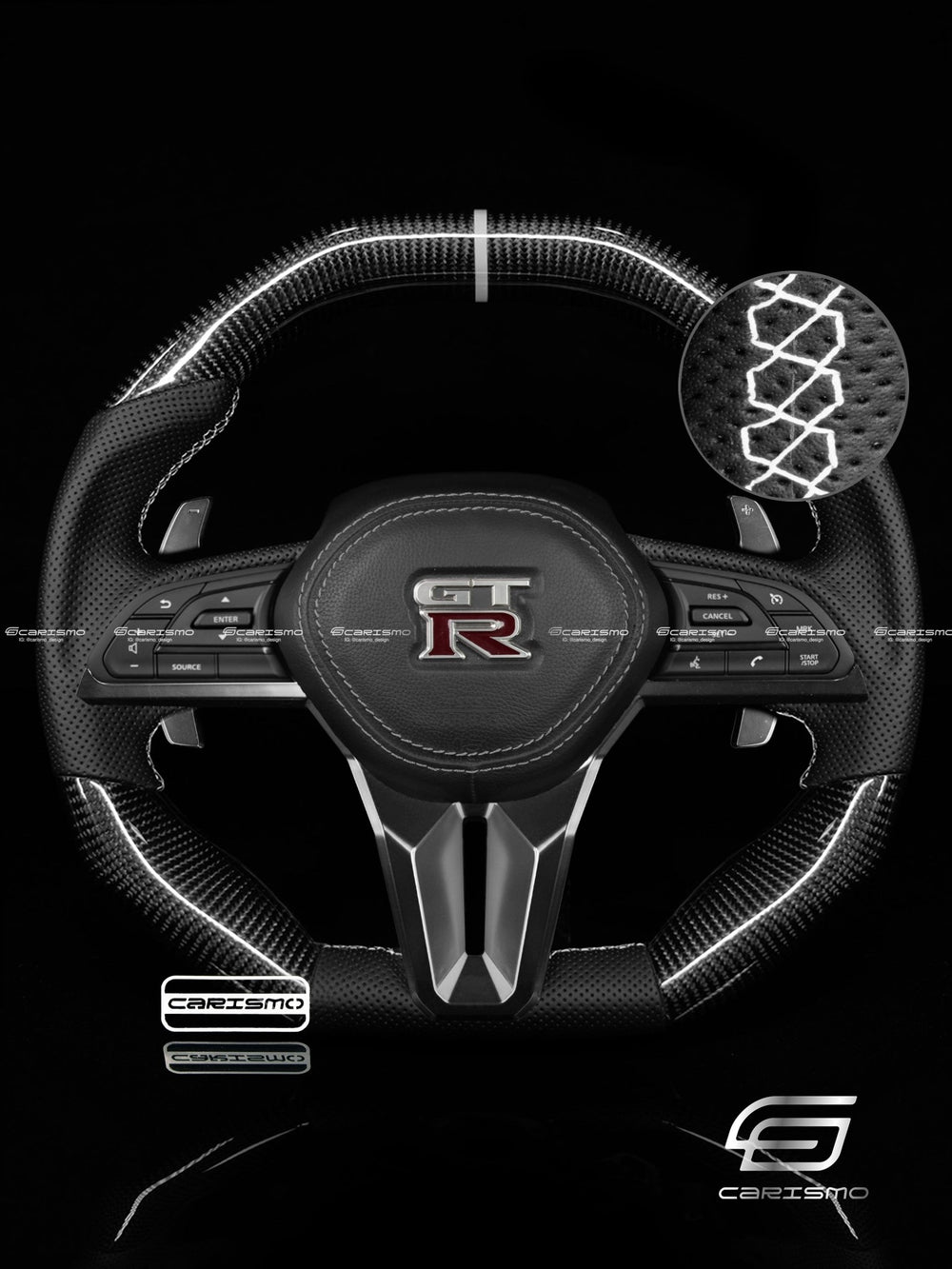 Carismo Steering Wheel For Nissan GT-R (R35 EBA) - Signature - Gloss Carbon - Perforated Leather - White