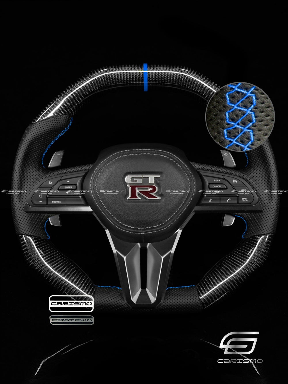 Carismo Steering Wheel For Nissan GT-R (R35 EBA) - Signature - Gloss Carbon - Perforated Leather - Blue