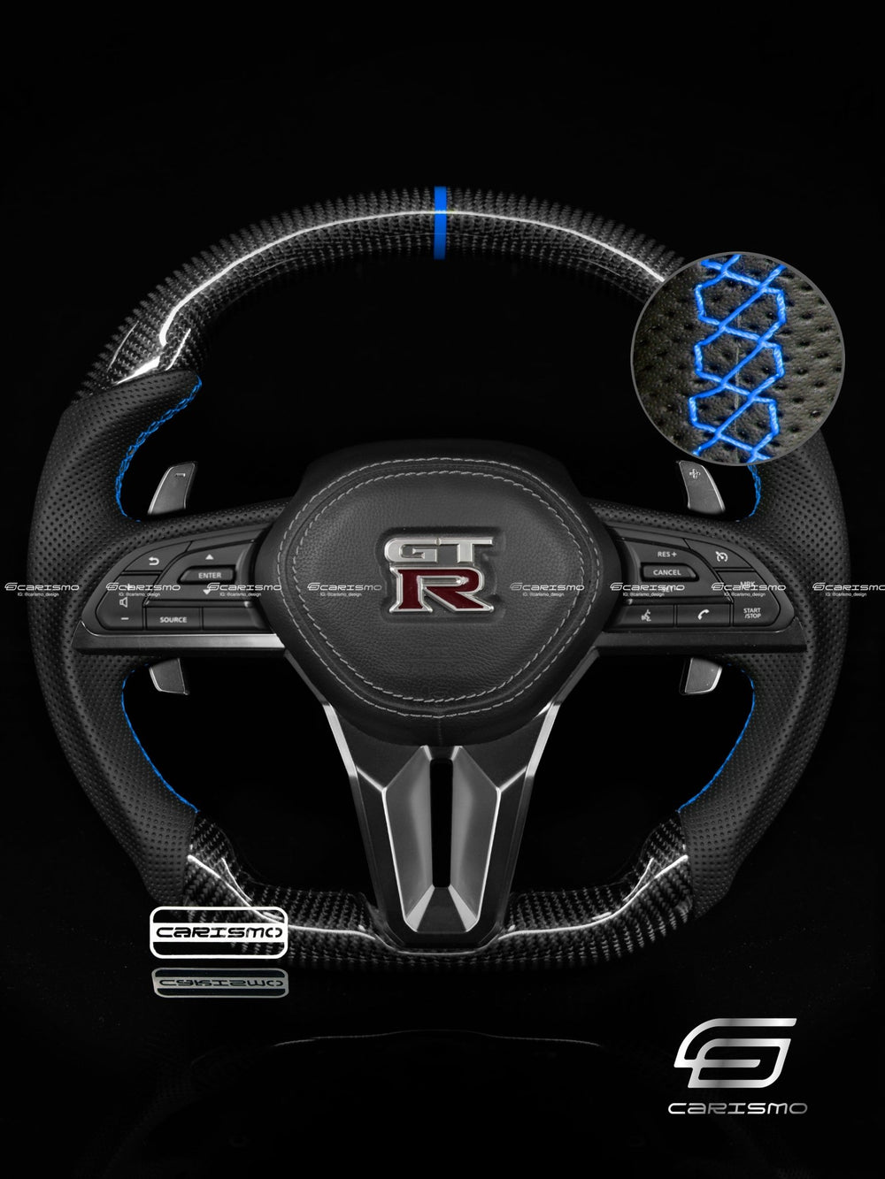 Carismo Steering Wheel For Nissan GT-R (R35 EBA) - Sport - Gloss Carbon - Perforated Leather - Blue