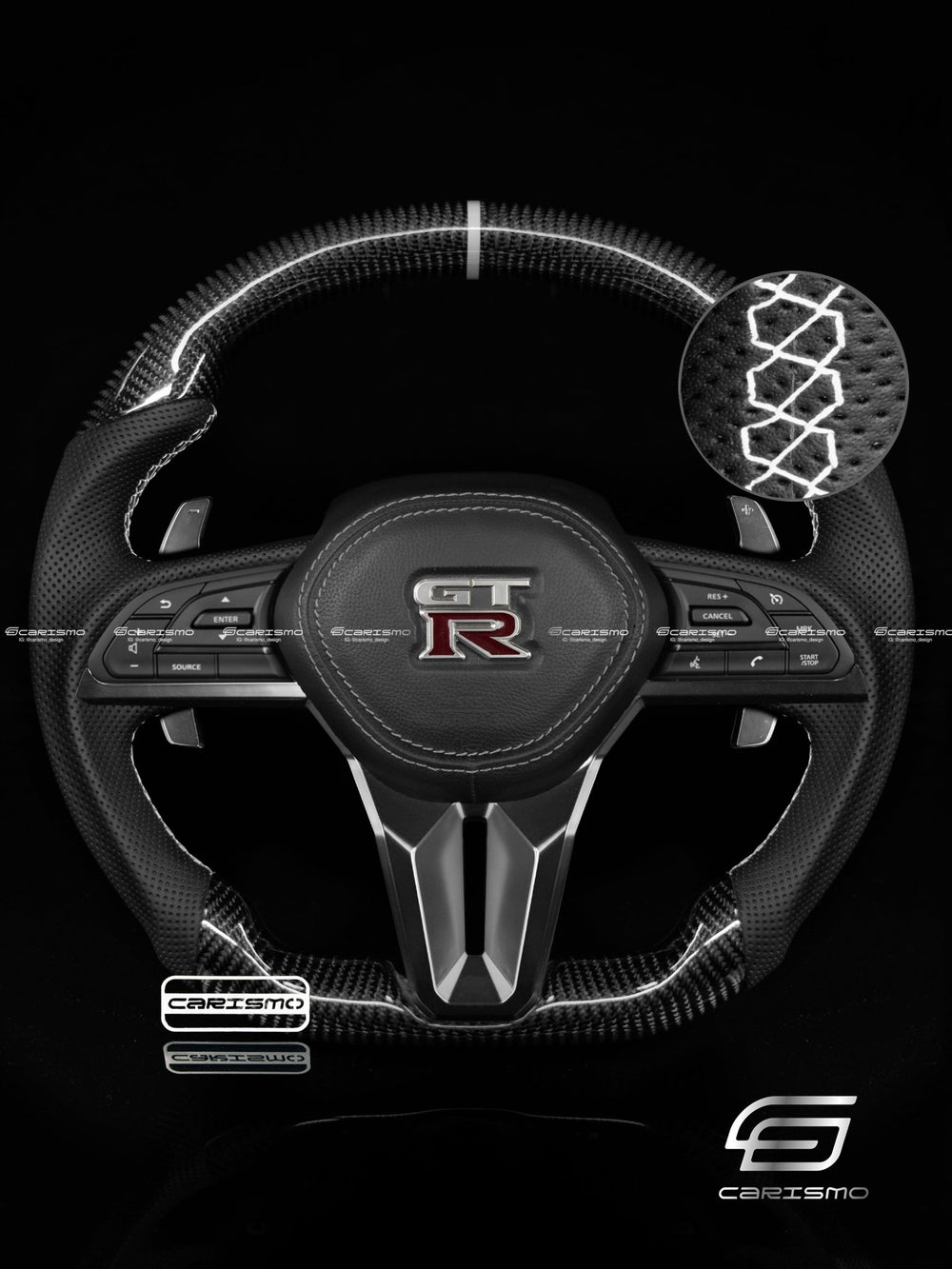 Carismo Steering Wheel For Nissan GT-R (R35 EBA) - Sport - Gloss Carbon - Perforated Leather - White