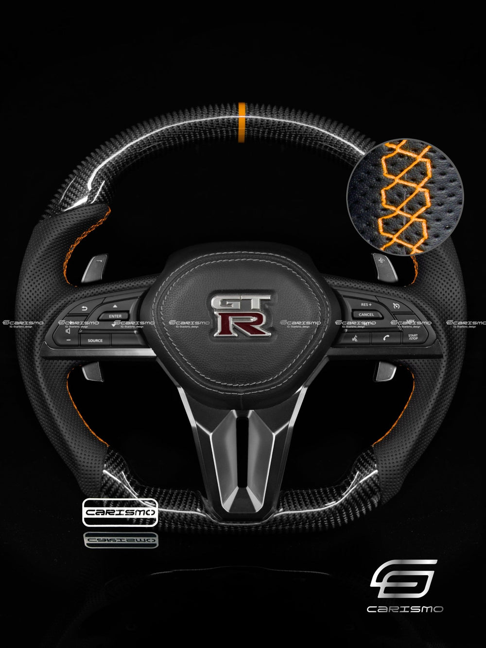 Carismo Steering Wheel For Nissan GT-R (R35 EBA) - Sport - Gloss Carbon - Perforated Leather - Orange