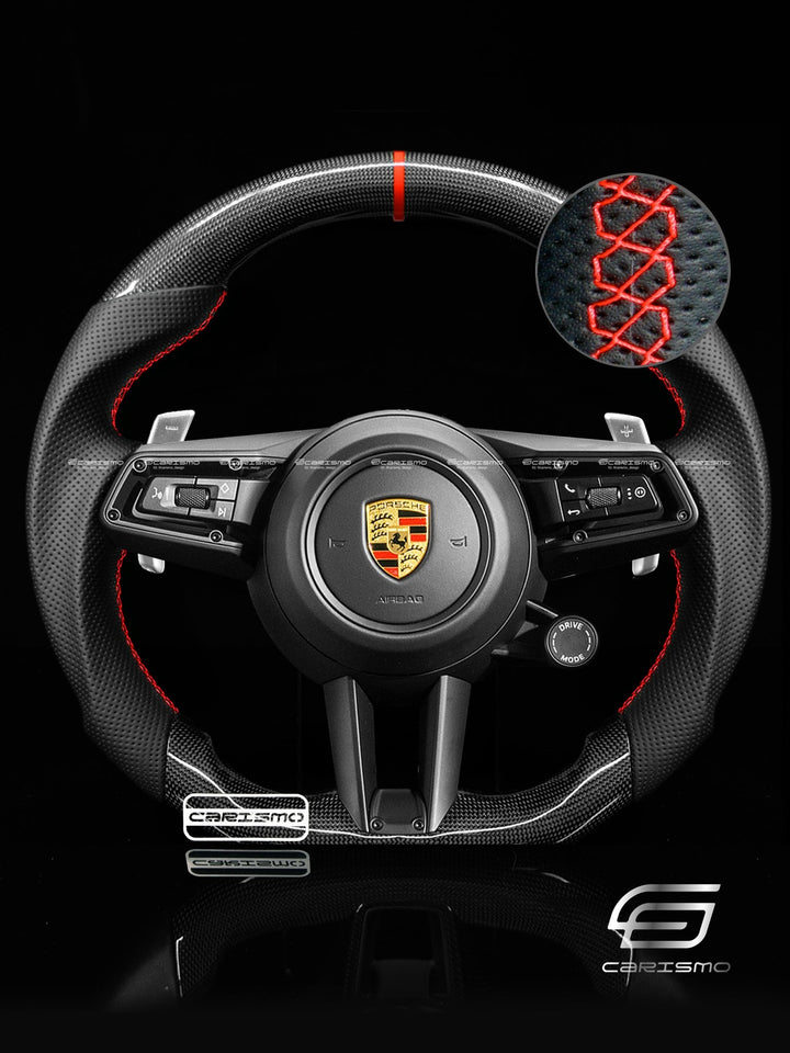 Carismo Steering Wheel For Porsche 911 (992) - Sport - Gloss Plain Carbon - Perforated Leather - Carismo