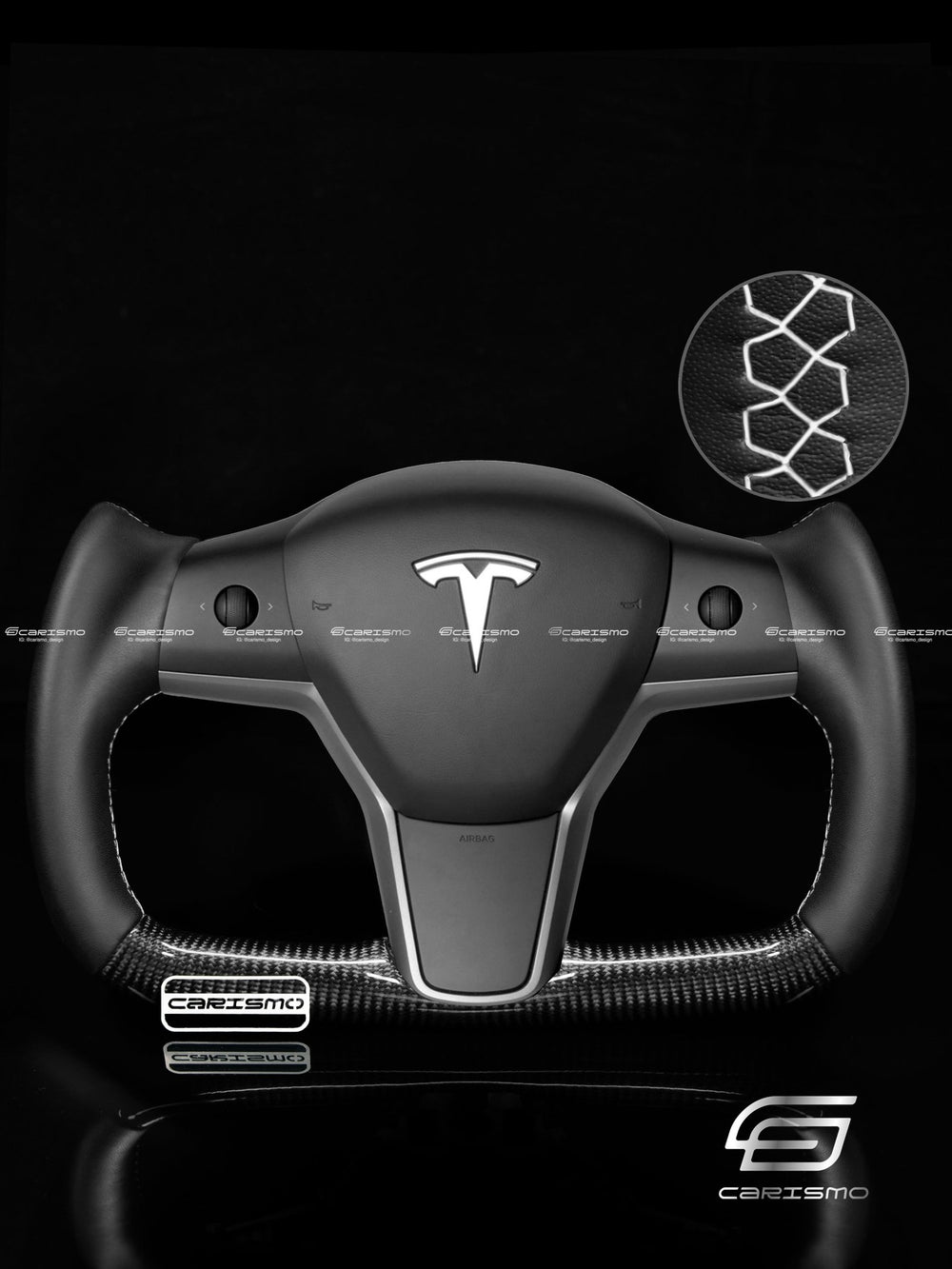 Carismo Steering Wheel For Tesla Model 3/Y - Yoke-Style (Heated) - Gloss Carbon - Smooth Leather - Grey
