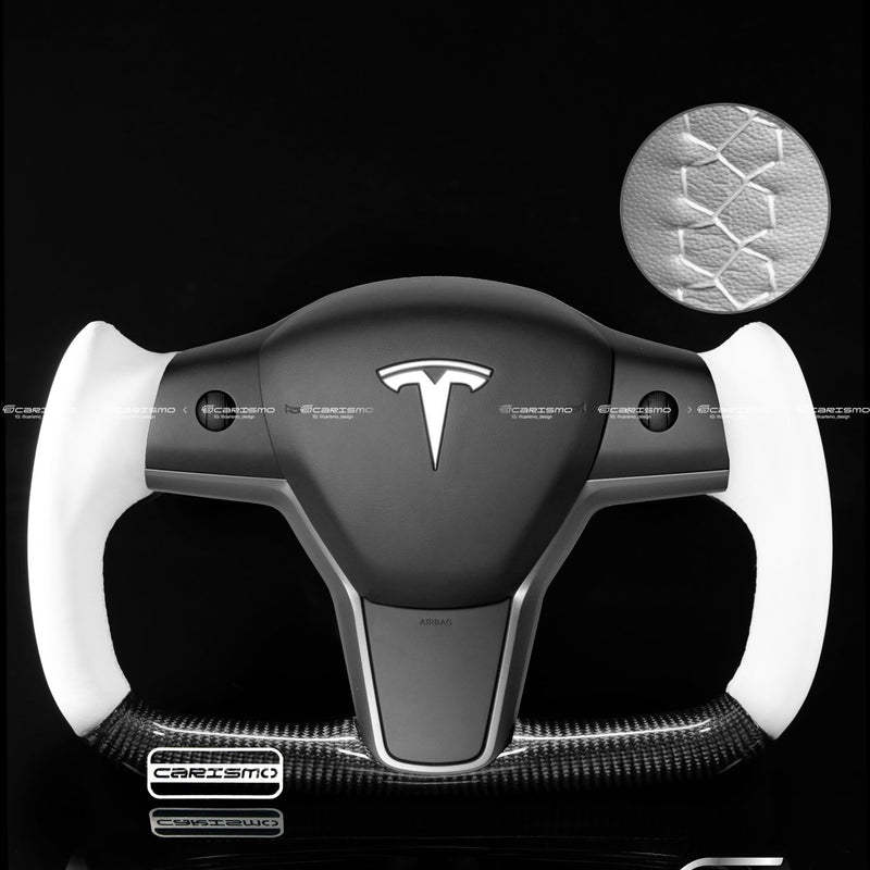 Carismo Steering Wheel For Tesla Model 3/Y - F1 Competition (Alt) - Gloss Carbon - White Smooth Leather-Collection