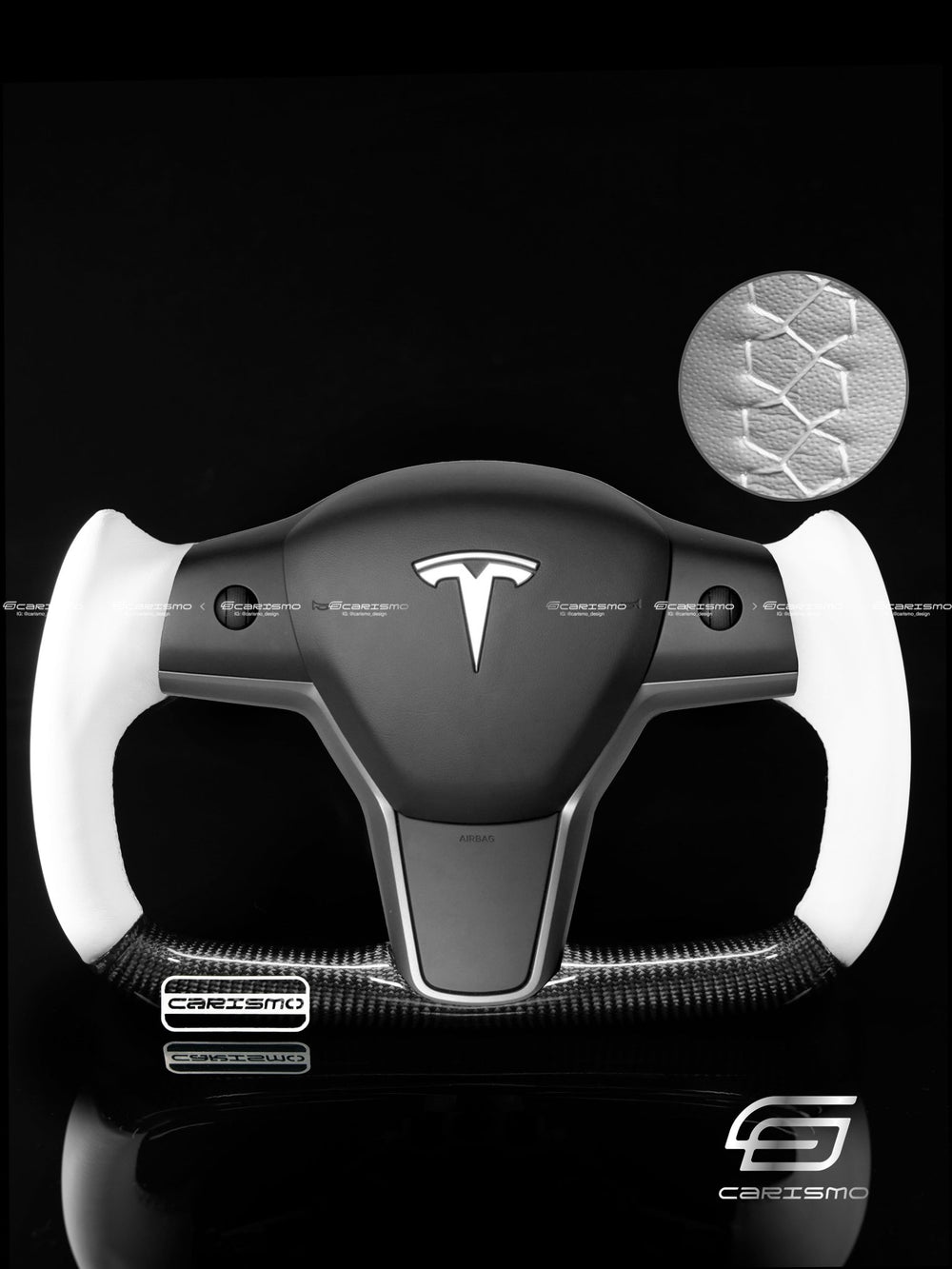 Carismo Steering Wheel For Tesla Model 3/Y - Yoke-Style - Gloss Carbon - White Smooth Leather - White