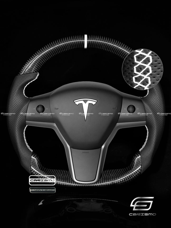 Carismo Steering Wheel For Tesla Model 3 - Sport - Gloss Carbon - Perforated Leather - Carismo