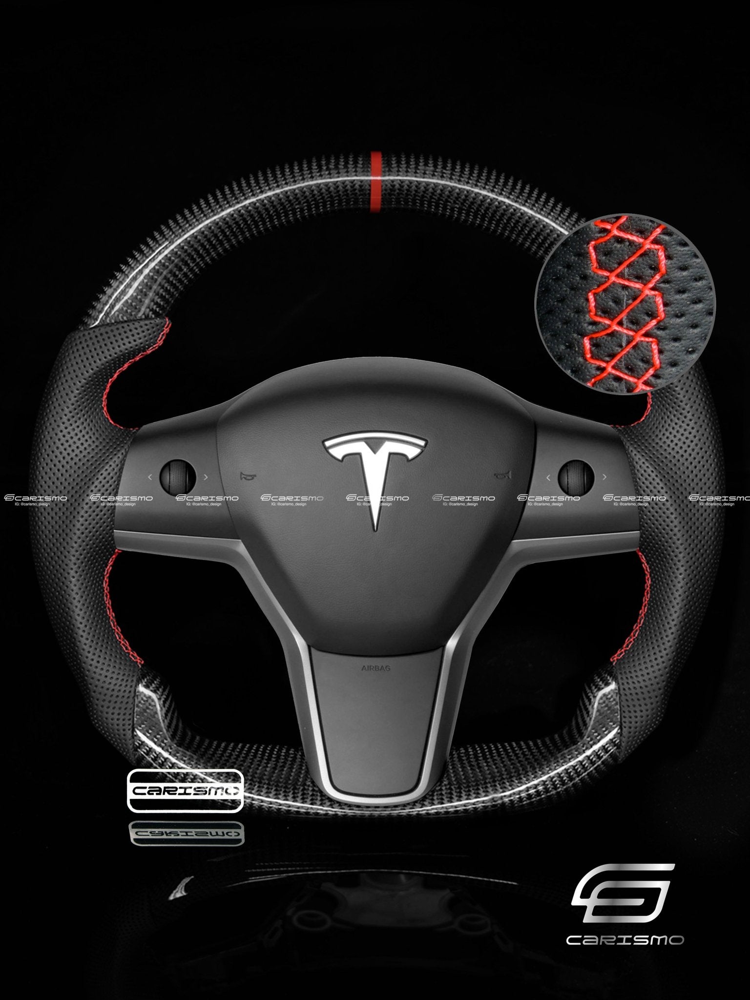 Carismo Steering Wheel For Tesla Model 3 - Sport - Gloss Carbon - Perforated Leather - Carismo