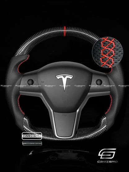 Carismo Steering Wheel For Tesla Model 3 - Sport - Gloss Carbon - Perforated Leather - Carismo