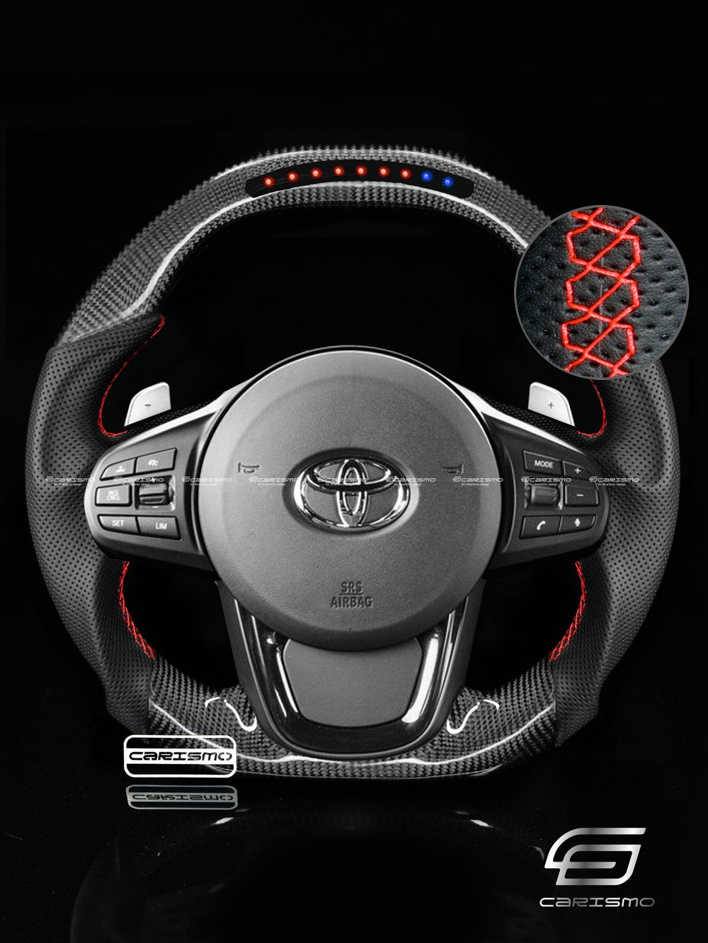 Carismo Steering Wheel For Toyota Supra (MKV) - Sequential RPM LED - Gloss Carbon - Perforated Leather - Red