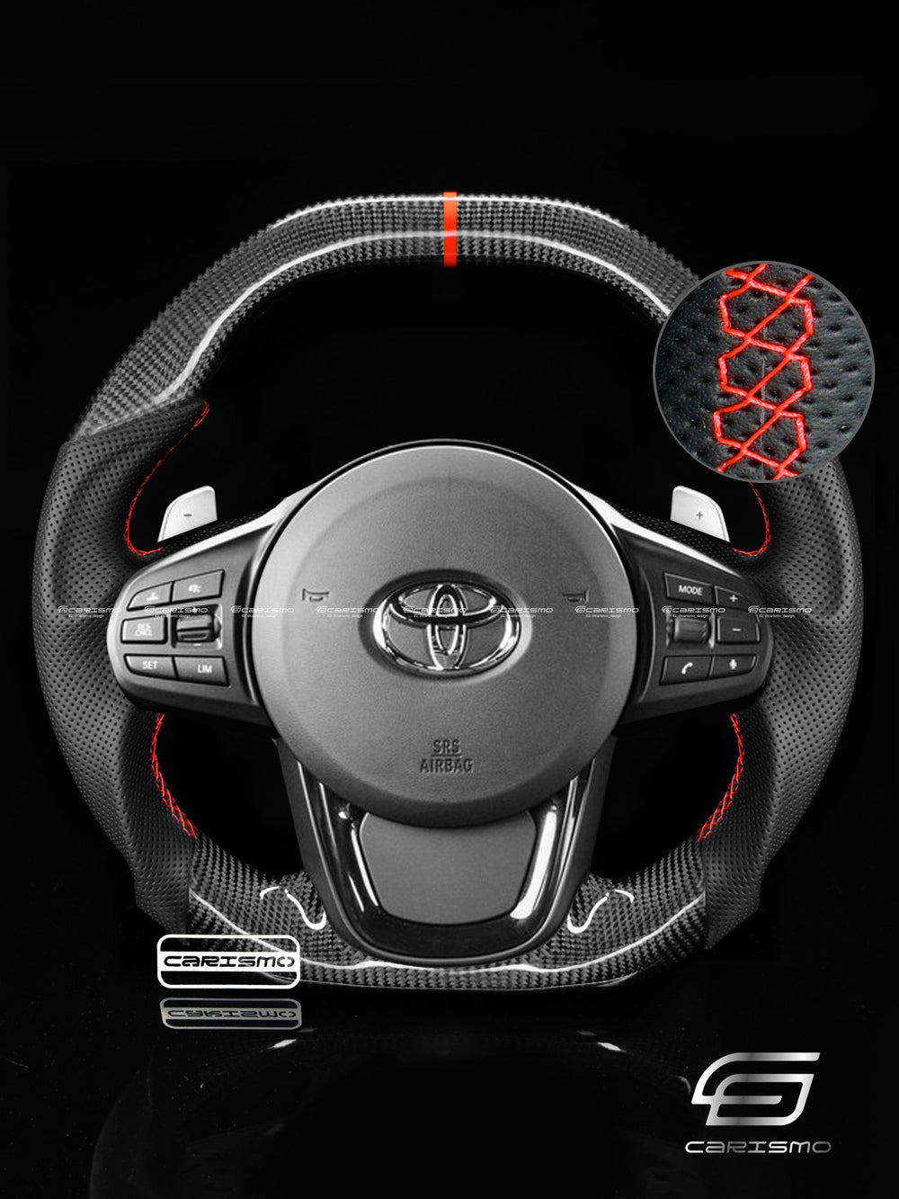 Carismo Steering Wheel For Toyota Supra (MKV) - Signature - Gloss Carbon - Perforated Leather - Red